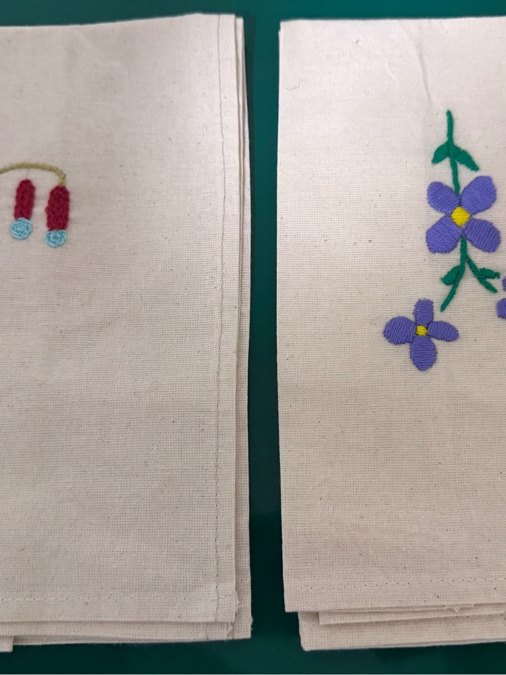 Set Of Two Napkins  Embroidered  Simple Single Flower Pattern Bone Colour Tea